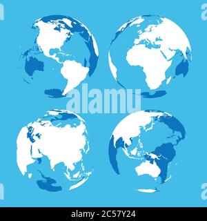 Set von transparenten Erdkugeln mit blau-weißen Land Silhouette Karte. Vektorgrafik. Stock Vektor