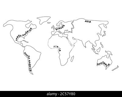 Weltkarte unterteilt in sechs Kontinente - Nordamerika, Südamerika, Afrika, Europa, Asien und Australien Ozeanien. Vereinfachte Vektorkarte mit durch Rahmen gekrümmten Bezeichnungen für Kontinente. Stock Vektor