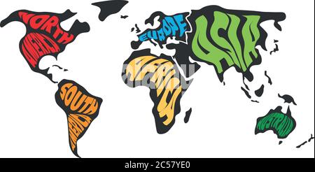 Weltkarte in sechs Kontinente unterteilt. Name jedes Kontinents eingewickelt. Vereinfachte Vektordarstellung. Stock Vektor
