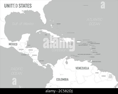 USA Karte - Weisse Länder und graues Wasser. Hoch detaillierte politische Karte der Vereinigten Staaten von Amerika und der Nachbarländer mit Land, Hauptstadt, Meer und Meer Namen Kennzeichnung. Stock Vektor