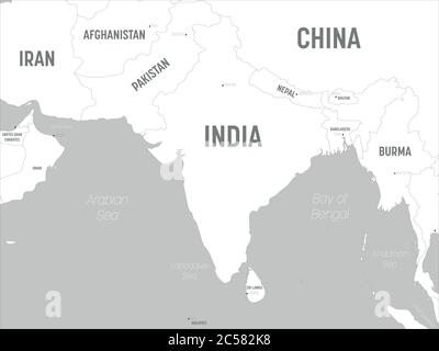 Südasienkarte - Weisse Länder und graues Wasser. Hoch detaillierte politische Karte der südasiatischen Region und indischen Subkontinent mit Land, Hauptstadt, Meer und Meer Namen Kennzeichnung. Stock Vektor