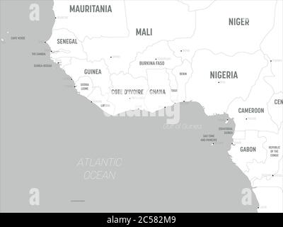 Westafrika Karte - weiße Länder und graues Wasser. Hoch detaillierte politische Karte von westafrika und der Bucht von Guinea mit Land, Hauptstadt, Meer und Meer Namen Kennzeichnung. Stock Vektor
