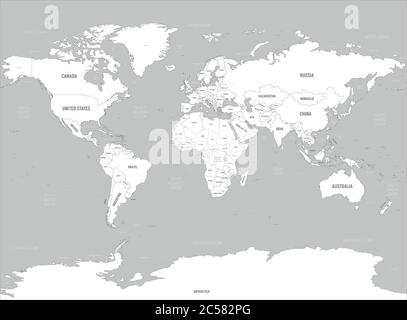 Weltkarte - weiße Länder und graues Wasser. Hoch detaillierte politische Karte der Welt mit Land, Hauptstadt, Meer und Meer Namen Kennzeichnung. Stock Vektor