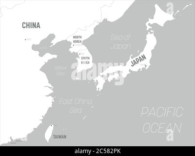 Ostasien-Karte - weiße Länder und graues Wasser. Hoch detaillierte politische Karte der östlichen Region mit Land, Hauptstadt, Meer und Meer Namen Kennzeichnung. Stock Vektor