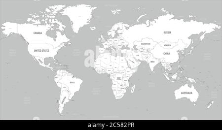 Weltkarte - weiße Länder und graues Wasser. Hoch detaillierte politische Karte der Welt mit Land, Hauptstadt, Meer und Meer Namen Kennzeichnung. Stock Vektor