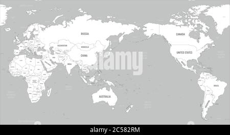 Weltkarte - Asien, Australien und Pazifik zentriert. Weiße Länder und graues Wasser. Hoch detaillierte politische Karte der Welt mit Land, Hauptstadt, Meer und Meer Namen Kennzeichnung. Stock Vektor