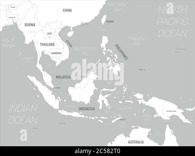 Karte Südostasien - Weisse Länder und graues Wasser. Hoch detaillierte politische Karte der südöstlichen Region mit Land, Hauptstadt, Meer und Meer Namen Kennzeichnung. Stock Vektor