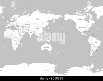 Weltkarte - Asien, Australien und Pazifik zentriert. Weiße Länder und graues Wasser. Hoch detaillierte politische Karte der Welt mit Land, Hauptstadt, Meer und Meer Namen Kennzeichnung. Stock Vektor