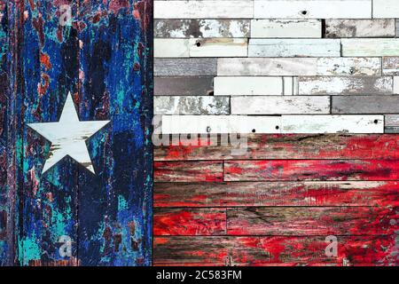 Flagge des einsamen Sterns. Flagge von Texas auf alten gemalten Grunge Holz Planken Hintergrund Stockfoto