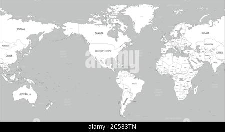 Weltkarte - Amerika im Zentrum. Weiße Länder und graues Wasser. Hoch detaillierte politische Karte der Welt mit Land, Hauptstadt, Meer und Meer Namen Kennzeichnung. Stock Vektor