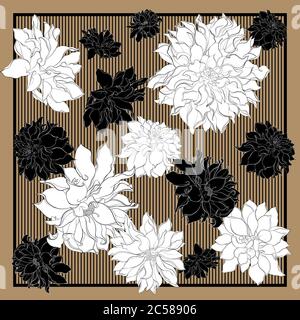 Seidentuch mit Dahlia-Blüten. Blühende Blumen auf goldenem Hintergrund mit schwarzen Streifen. Grußkarte, Bandana-Druck, Schal-Design, Serviette, Hochzeit Stock Vektor