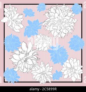 Seidentuch mit Dahlia-Blüten. Blühende weiße und blaue Blüten auf einem rosa Hintergrund mit schwarzen Streifen. Grußkarte, Bandana-Druck, Schal-Design Stock Vektor