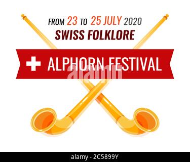 Alphorn Festival Einladungsbanner mit Bildunterschrift des Veranstaltungsdatums. Vector Plakette mit Alpenhorns Kreuz für Musikfest in Schweizer alpen. Stock Vektor