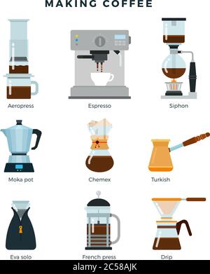 Geräte für verschiedene Möglichkeiten, Kaffee zu brühen, detailliertes flaches Icon-Set. Verschiedene Methoden zur Kaffeeherstellung. Vektorgrafik. Stock Vektor