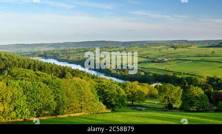 Ferngespräche malerische sonnige Abendansicht (Hügel Wald, grüne Felder & Weiden, sonnenbeschienenen Stausee - Washburn Valley, Yorkshire, England, Großbritannien. Stockfoto