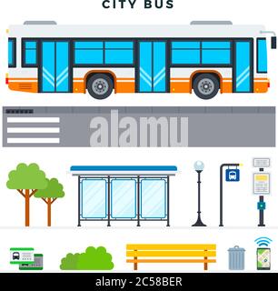 Stadtbus. Bushaltestelle, Outdoor und City Elements, Set. Modernes flaches Design-Konzept für Websites, Banner, Infografiken. Vektorgrafik. Stock Vektor