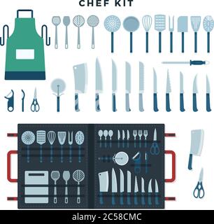 Küchengeräte Set. Sammlung von Werkzeugen zum Kochen, Messer für Fleisch und Gemüse, Küchengeräte mit Text Chef Kit. Vektorgrafik Stock Vektor