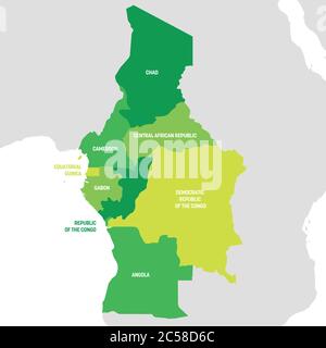 Zentralafrika. Karte der Länder in Zentralafrika. Vektorgrafik. Stock Vektor