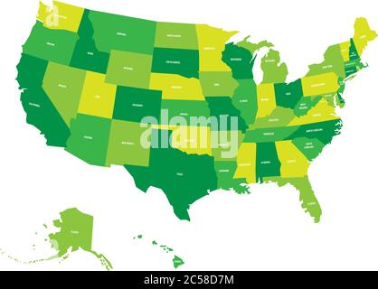 Karte der Vereinigten Staaten von Amerika, USA, in vier Grüntönen mit weißen Zustandsschildern. Einfache flache Vektordarstellung isoliert auf weißem Hintergrund. Stock Vektor