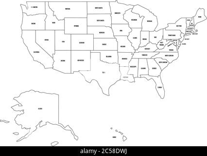 Politische Karte der Vereinigten Staaten von Amerika, USA. Einfache flache, schwarze Vektorkarte mit schwarzen Statusbezeichnungen auf weißem Hintergrund. Stock Vektor