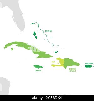 Karibik. Karte der Länder in der Karibik in Mittelamerika. Vektorgrafik. Stock Vektor