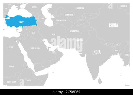 Türkei blau markiert in der politischen Karte von Südasien und dem Nahen Osten. Einfache flache Vektorkarte. Stock Vektor