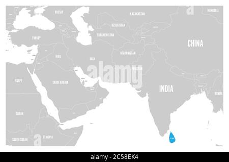 Sri Lanka blau markiert in der politischen Karte von Südasien und dem Nahen Osten. Einfache flache Vektorkarte. Stock Vektor