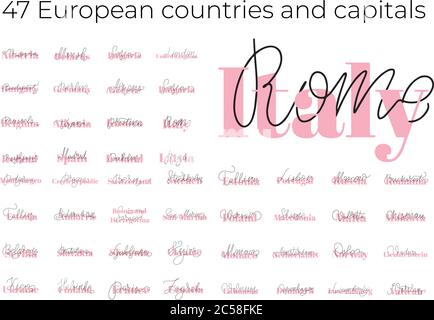 Liste der europäischen Länder und Hauptstädte Namen. Stock Vektor