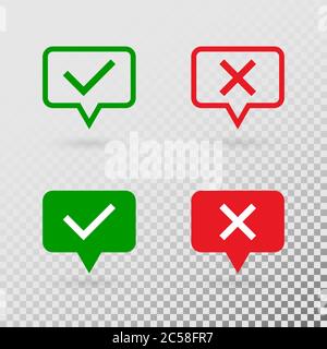 Sprechblasen mit Häkchen. Grüne Häkchen und rote Kreuz flach moderne Symbole isoliert auf transparentem Hintergrund. Konzept der Checkliste. Vektor Stock Vektor