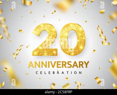 20. Jahrestag. Goldnummern mit Glitzer-Goldkonfetti, Serpentin. Festlicher Hintergrund. Dekoration für Party-Event. Zehntes Jahr. Vektor Stock Vektor