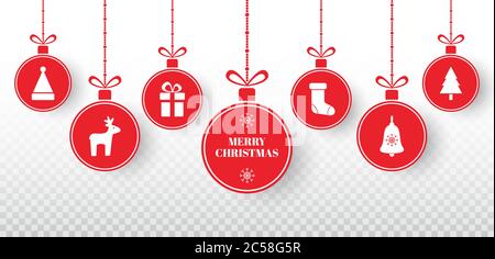Fröhliche Weihnachtskugeln auf transparentem Hintergrund gesetzt. Leuchtend rot hängende Weihnachtskugeln mit Weihnachtsmann Hut, Rentier, Weihnachtsbaum, Socke, Geschenkbox, Glocke, Schnee Stock Vektor
