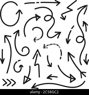Sammlung von Pfeilsymbonen auf weißem Hintergrund isoliert. Handgezeichnetes Design-Element mit Pfeil. Doodle schwarz Satz von Pfeilen. Vektorgrafik. Stock Vektor