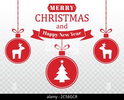 Frohe Weihnachtskarte. Set von roten hängenden Weihnachtskugeln mit Rentieren, Baum, Schneeflocken. Weihnachtskugeln. Happy New Year Design-Elemente. Vektor Stock Vektor