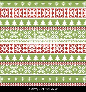 Weihnachtsmuster mit geometrischem Ornament. Helles Weihnachts-Geschenkpapier in traditionellen roten und grünen Farben. Frohe Weihnachten Grenzen. Vektor Stock Vektor