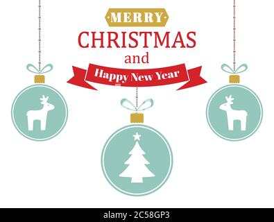 Weihnachtskarte mit Kugeln im Retro-Stil. Weihnachtskugeln mit Feiertag Ornament. Winter Urlaub Design mit Kugeln, Rentiere, weihnachtsbäume. Vektor Stock Vektor
