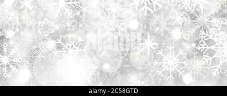 Weihnachts Schneeflocken Banner. Heller Schneehintergrund mit Schneeflocken in verschiedenen Formen. Vorlage für Winterurlaub. Design für das neue Jahr. Vektor Stock Vektor