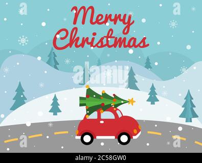 Frohe Weihnachten rotes Auto mit Weihnachtsbaum auf der Oberseite. Weihnachtskarte mit Winterlandschaft, Straße, Retro-Pickup, Weihnachtsbaum. Helles Urlaubsdesign. Vektor Stock Vektor