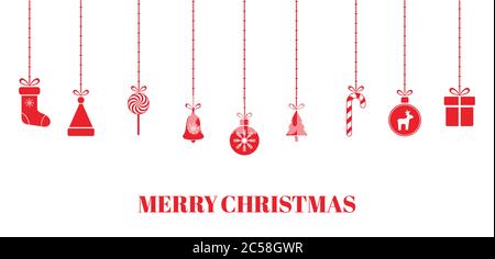 Weihnachtliche rote Kugeln auf transparentem Hintergrund. Helle Weihnachten Design mit hängenden weihnachtsspielzeug, Geschenkbox, Weihnachtsmütze, Rentier, Weihnachtsbaum.Vektor Stock Vektor