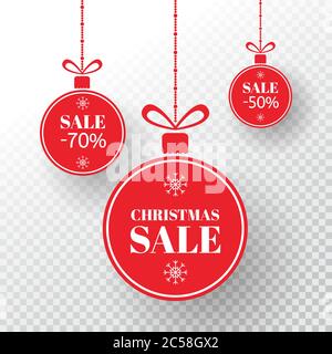 Weihnachtslabel. Rote Weihnachtskugeln mit Schild Verkauf, Sonderangebot. Frohe Weihnachten und Neujahr Bälle Verkauf. Design-Elemente für den Urlaub. Vektor Stock Vektor