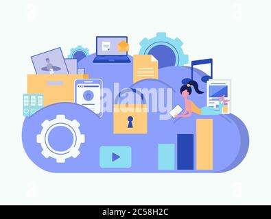 Cloud-Sicherheitskonzept. Cloud-Speicher. Cloud-Computing. Datenschutz Geschäftskonzept. Vektorgrafik. Stock Vektor