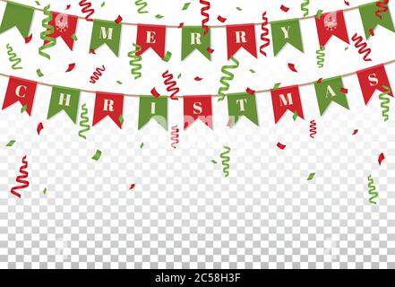 Frohe Weihnachten Hintergrund mit Weihnachten Fahnen und Konfetti in traditionellen Farben. Helle Weihnachtsgirlande. Design für Winterurlaub. Vektor Stock Vektor