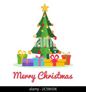 Weihnachtsbaum mit Kugeln, Stern, Schnee, Geschenkboxen. Frohe Weihnachten und Happy New Year Design. Heller Weihnachtsbaum in flachem Stil. Vektorgrafik Stock Vektor