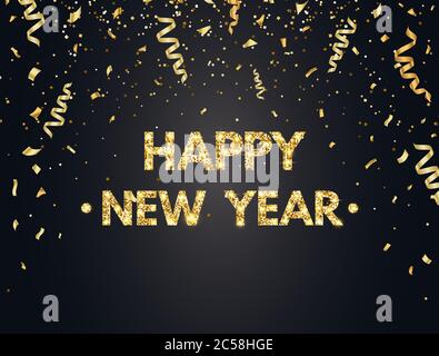 2019 Frohes Neues Jahr Hintergrund mit Gold Konfetti, Glitzer, funkelt und Sterne. Fröhliche Urlaubskulisse mit goldenem Glitzer Text und Zahlen. Vektor Stock Vektor