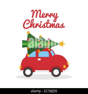 Weihnachten rot Retro Auto auf weißem Hintergrund. Frohe Weihnachtskarte mit rotem Auto und hellen Weihnachtsbaum. Design für Winterurlaub. Vektorgrafik. Stock Vektor