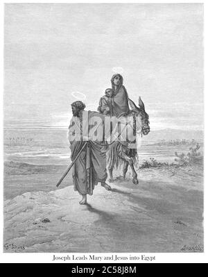 Die Flucht nach Ägypten oder Joseph führt Maria und Jesus nach Ägypten [Matthäus 2:13-14] aus dem Buch "Bible Gallery" illustriert von Gustave Dore mit Memoir of Dore und Beschreibenden Brief-Presse von Talbot W. Chambers D.D. Herausgegeben von Cassell & Company Limited in London und gleichzeitig von Mame in Tours, Frankreich im Jahr 1866 Stockfoto