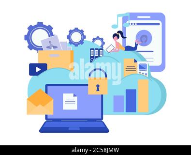 Cloud-Computing-Services und -Technologie. Cloud-Speicher. Datenschutz. Geschäftskonzept. Vektorgrafik. Stock Vektor