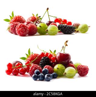 Früchte und Beeren isoliert auf weißem Hintergrund. Reife Johannisbeeren, Himbeeren, Kirschen, Erdbeeren, Stachelbeeren, Maulbeeren und Heidelbeeren. Zurück Stockfoto