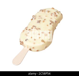 Gebissen Eis Eis Eis weiße Schokolade isoliert mit Clipping Pfad bedeckt Stockfoto