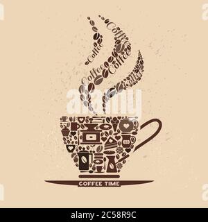 Vektor-Illustration von Symbol oder Logo von braun gefärbten Kaffeetasse aus Kaffeebohnen und moderne kreative Schriftzug Designs vor hellem Hintergrund. Stock Vektor