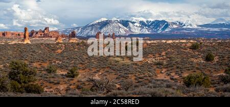 Bunte Ansicht der Parade der Elefanten Sandstein Felsformationen in der hohen Wüste mit schneebedeckten La Sal Berge im Hintergrund, Arches National Stockfoto